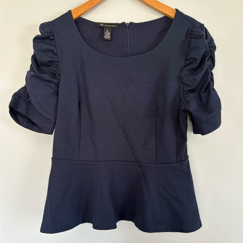 INC International Concepts Navy Puff-Sleeve Peplum Blouse